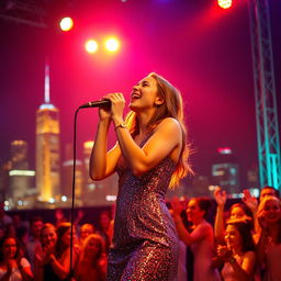 A young woman passionately singing on a stage during a vibrant night performance