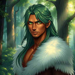A stunning light novel cover featuring a tall male character with rich brown skin that harmonizes with the natural environment