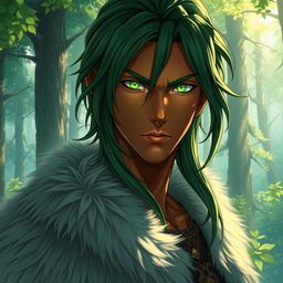 A stunning light novel cover featuring a tall male character with rich brown skin that harmonizes with the natural environment