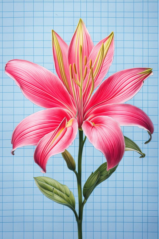 This image is a Wes Anderson-inspired drawing of a pink lily