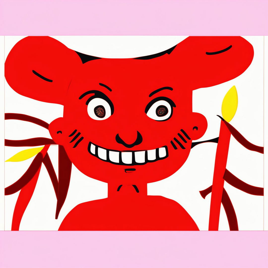 A simplified, hand-painted cartoon of El Diablito, reduced to a minimal color palette of red, blue, and yellow