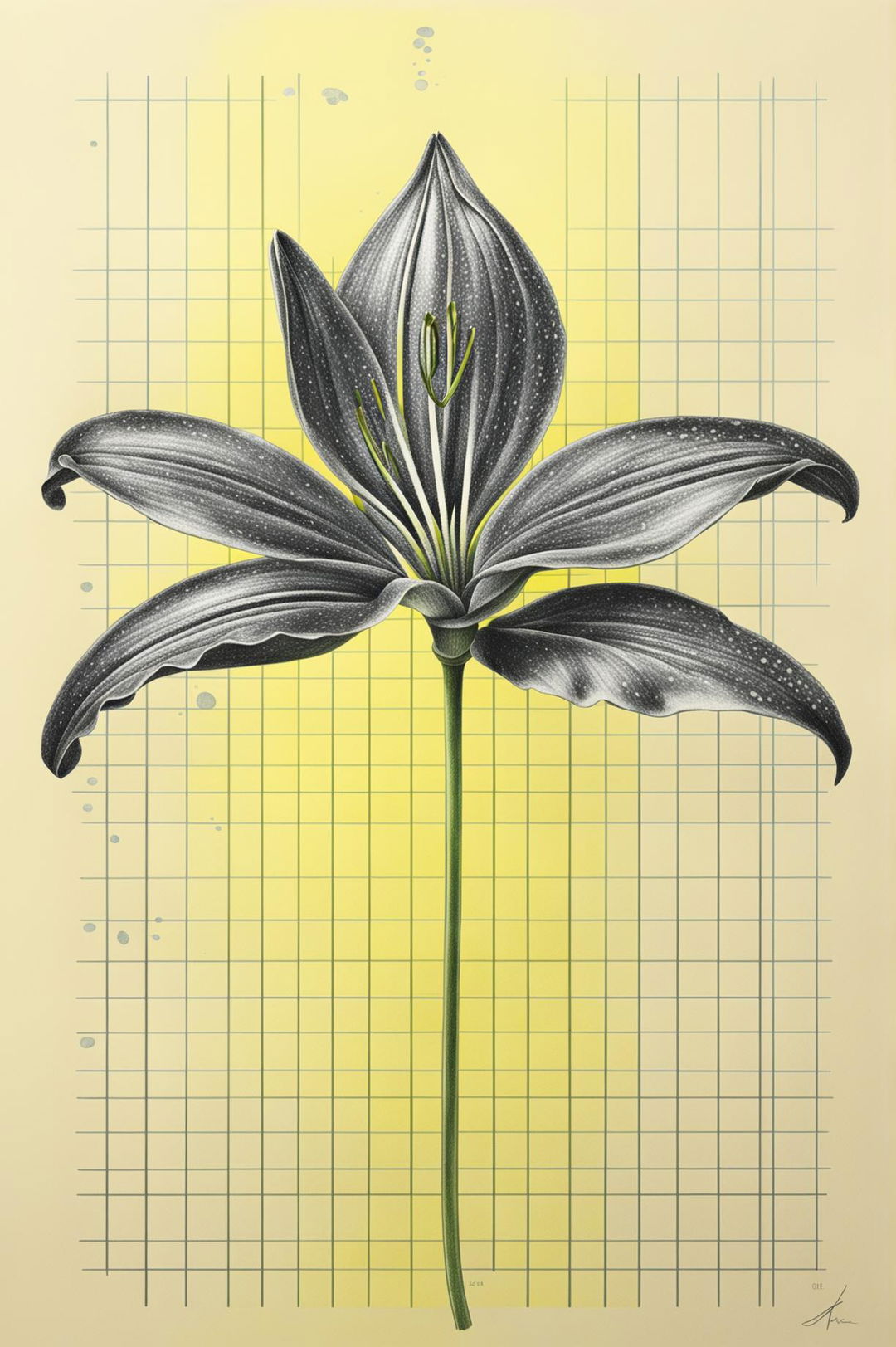 This image is a Wes Anderson-inspired drawing of a grey lily