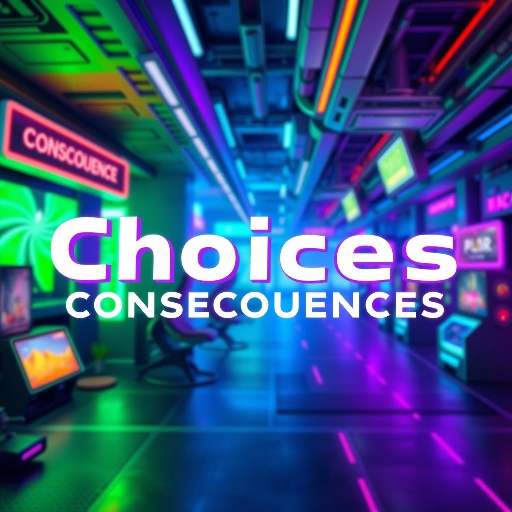 A visually striking representation of a futuristic gaming world, emphasizing the themes of choices and consequences