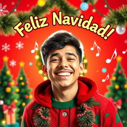 A vibrant YouTube thumbnail featuring a cheerful young man dressed in a festive outfit, celebrating Christmas with animated decorations around him such as Christmas trees, snowflakes, and colorful lights
