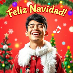 A vibrant YouTube thumbnail featuring a cheerful young man dressed in a festive outfit, celebrating Christmas with animated decorations around him such as Christmas trees, snowflakes, and colorful lights