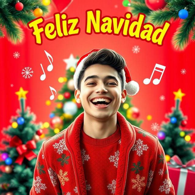 A vibrant YouTube thumbnail featuring a cheerful young man dressed in a festive outfit, celebrating Christmas with animated decorations around him such as Christmas trees, snowflakes, and colorful lights