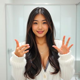 A young sexy beautiful Japanese woman with long dark hair wearing a fluffy white cardigan, standing in a bright, minimalistic bathroom setting