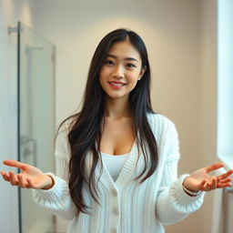 A young sexy beautiful Japanese woman with long dark hair, wearing a fluffy white cardigan, standing in a bright, minimalistic bathroom setting