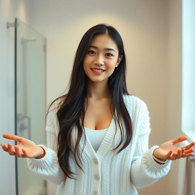 A young sexy beautiful Japanese woman with long dark hair, wearing a fluffy white cardigan, standing in a bright, minimalistic bathroom setting