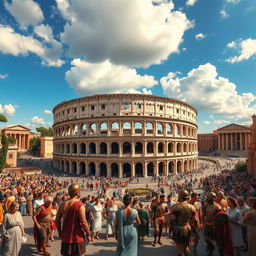 A breathtaking view of ancient Rome showcasing the grandeur of its architecture, featuring the majestic Colosseum surrounded by bustling streets filled with citizens in traditional Roman attire