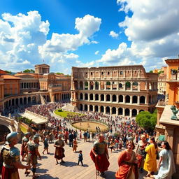 A breathtaking view of ancient Rome showcasing the grandeur of its architecture, featuring the majestic Colosseum surrounded by bustling streets filled with citizens in traditional Roman attire