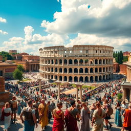 A breathtaking view of ancient Rome showcasing the grandeur of its architecture, featuring the majestic Colosseum surrounded by bustling streets filled with citizens in traditional Roman attire