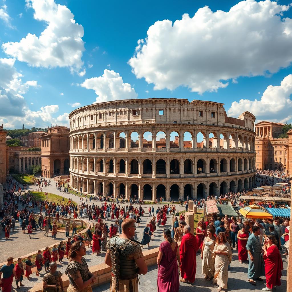 A breathtaking view of ancient Rome showcasing the grandeur of its architecture, featuring the majestic Colosseum surrounded by bustling streets filled with citizens in traditional Roman attire