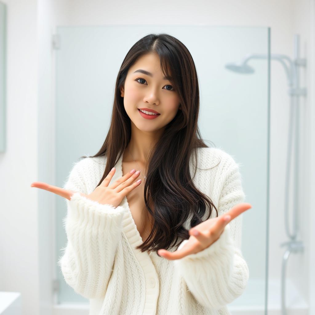 A young sexy beautiful Japanese woman with long dark hair wearing a fluffy white cardigan, standing in a bright, minimalistic bathroom setting