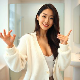 A young sexy beautiful Japanese woman with long dark hair, wearing a fluffy white cardigan, standing in a bright, minimalistic bathroom setting