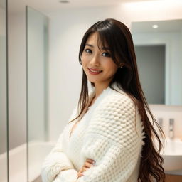 A young beautiful Japanese woman with long dark hair wearing a fluffy white cardigan, standing in a bright and minimalistic bathroom setting