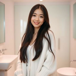 A young beautiful Japanese woman with long dark hair wearing a fluffy white cardigan, standing in a bright and minimalistic bathroom setting