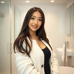 A young beautiful Japanese woman with long dark hair wearing a fluffy white cardigan, standing in a bright and minimalistic bathroom setting