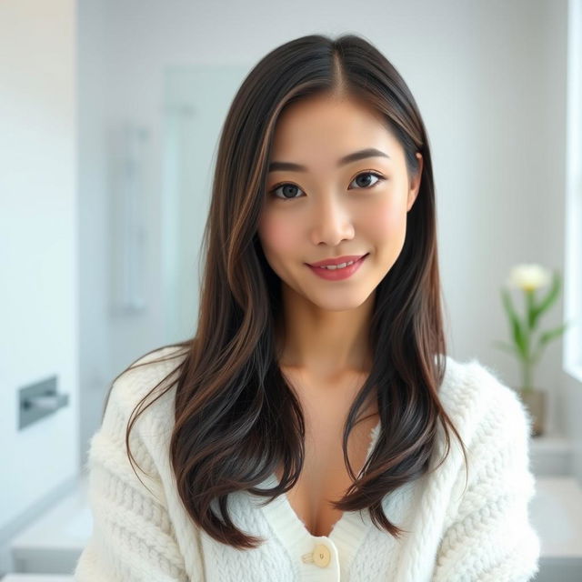 A young beautiful Japanese woman with long dark hair wearing a fluffy white cardigan, standing in a bright and minimalistic bathroom setting