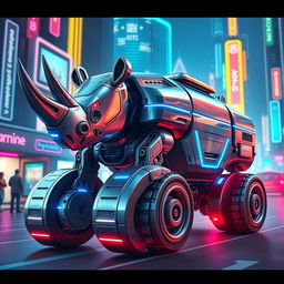 A futuristic and sleek robot designed as a hybrid between a rhinoceros and a train, featuring metallic surfaces with a chrome finish, intricate robot details, and glowing blue lines