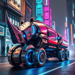 A futuristic and sleek robot designed as a hybrid between a rhinoceros and a train, featuring metallic surfaces with a chrome finish, intricate robot details, and glowing blue lines