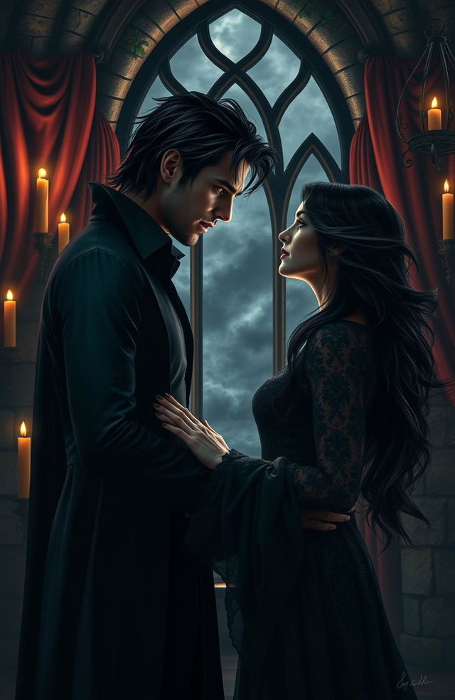 A dark and passionate romance scene set in an ancient gothic castle