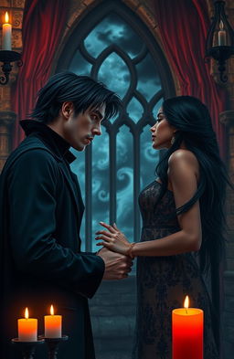 A dark and passionate romance scene set in an ancient gothic castle