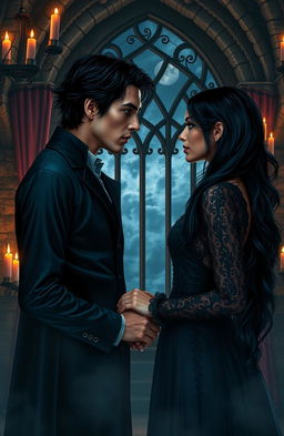 A dark and passionate romance scene set in an ancient gothic castle