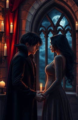 A dark and passionate romance scene set in an ancient gothic castle