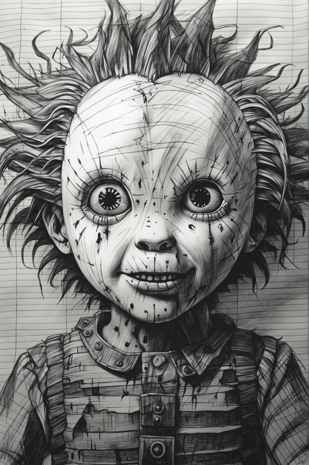 A spine-chilling pencil drawing of Chucky, the infamous horror doll, on lined paper