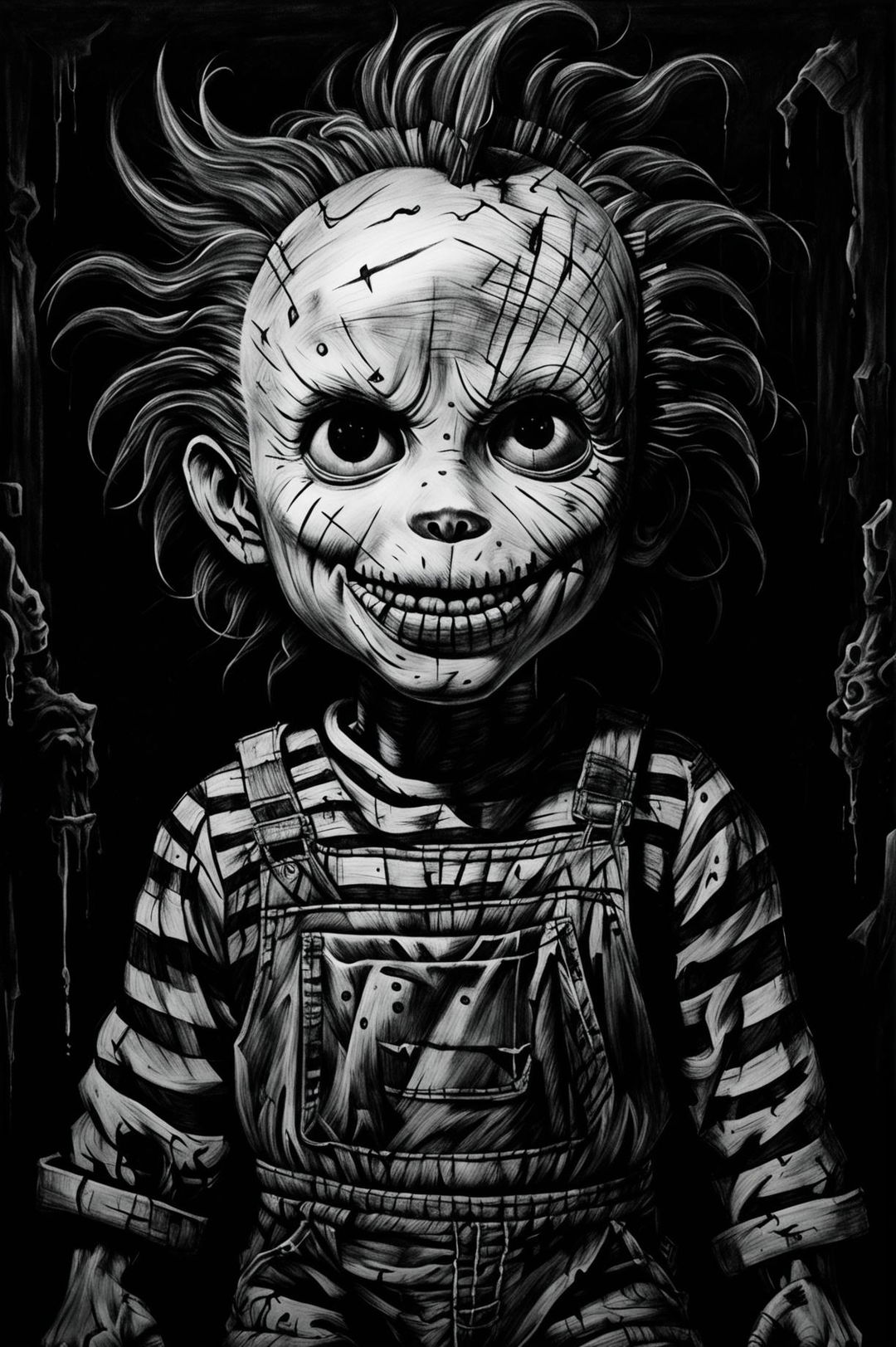 This is a dark, eerie charcoal drawing of the iconic horror character, Chucky