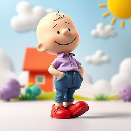 A Peanuts character wearing a light purple shirt, blue jeans, and red shoes, with a relaxed demeanor and a subtle smile on their face