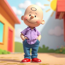 A Peanuts character wearing a light purple shirt, blue jeans, and red shoes, with a relaxed demeanor and a subtle smile on their face