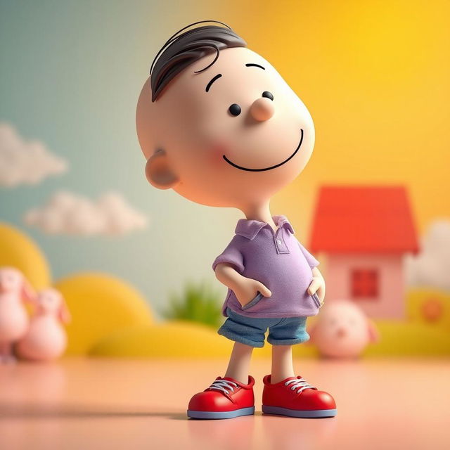 A Peanuts character wearing a light purple shirt, blue jeans, and red shoes, with a relaxed demeanor and a subtle smile on their face