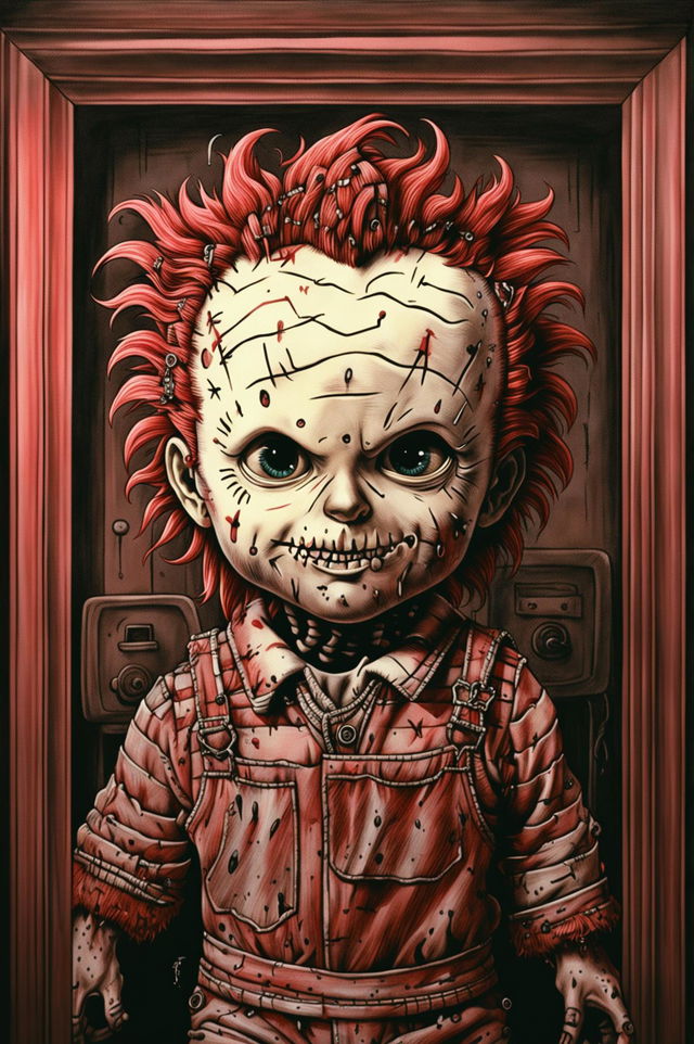 This is a high-quality, hand-drawn illustration that depicts the character Chucky in the visual style of director Wes Anderson