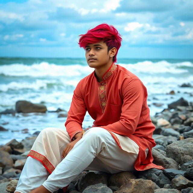 A young man sitting on a rocky beach, wearing traditional South Asian attire with vibrant red hair