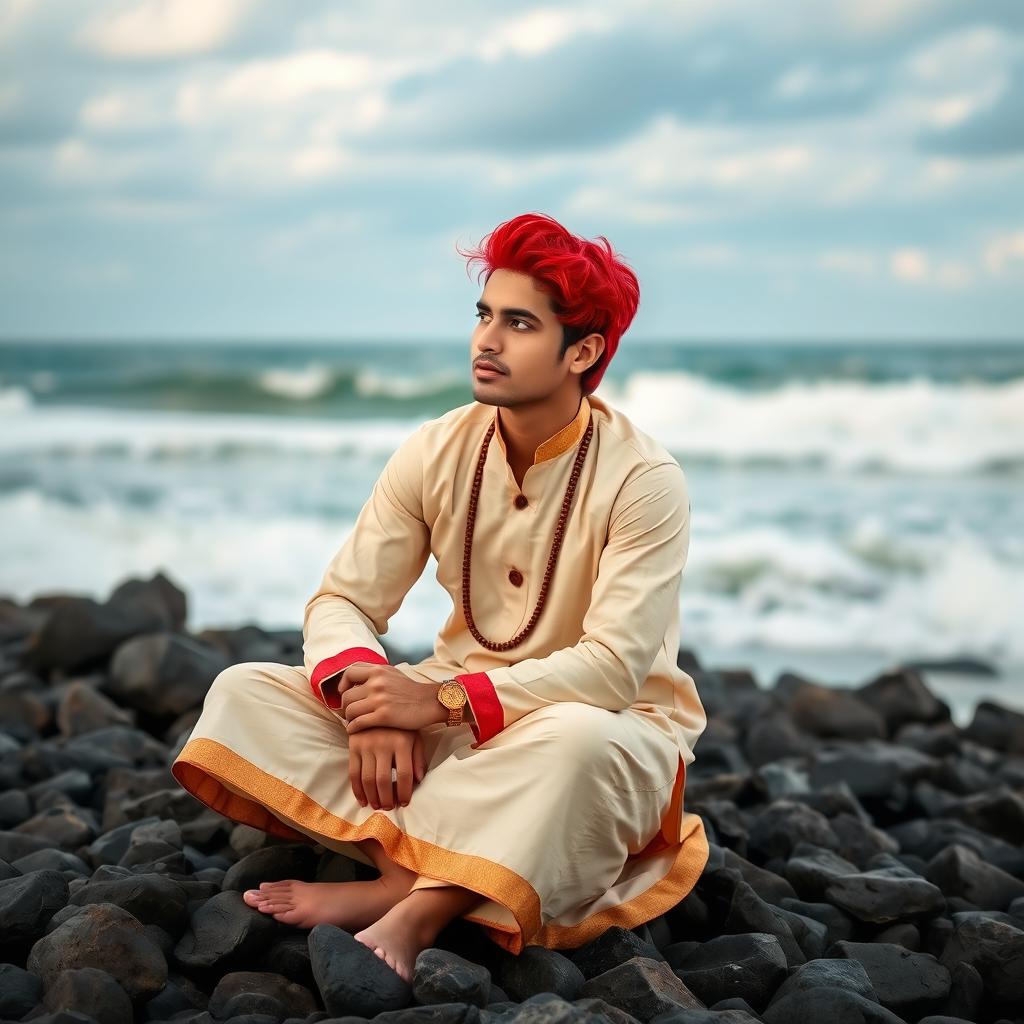 A young man sitting on a rocky beach, wearing traditional South Asian attire with vibrant red hair