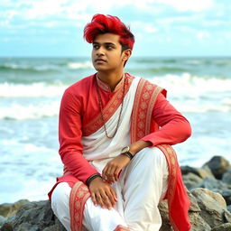 A young man sitting on a rocky beach, wearing traditional South Asian attire with vibrant red hair