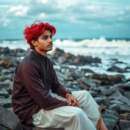A young man sitting on a rocky beach, wearing traditional South Asian attire with vibrant red hair