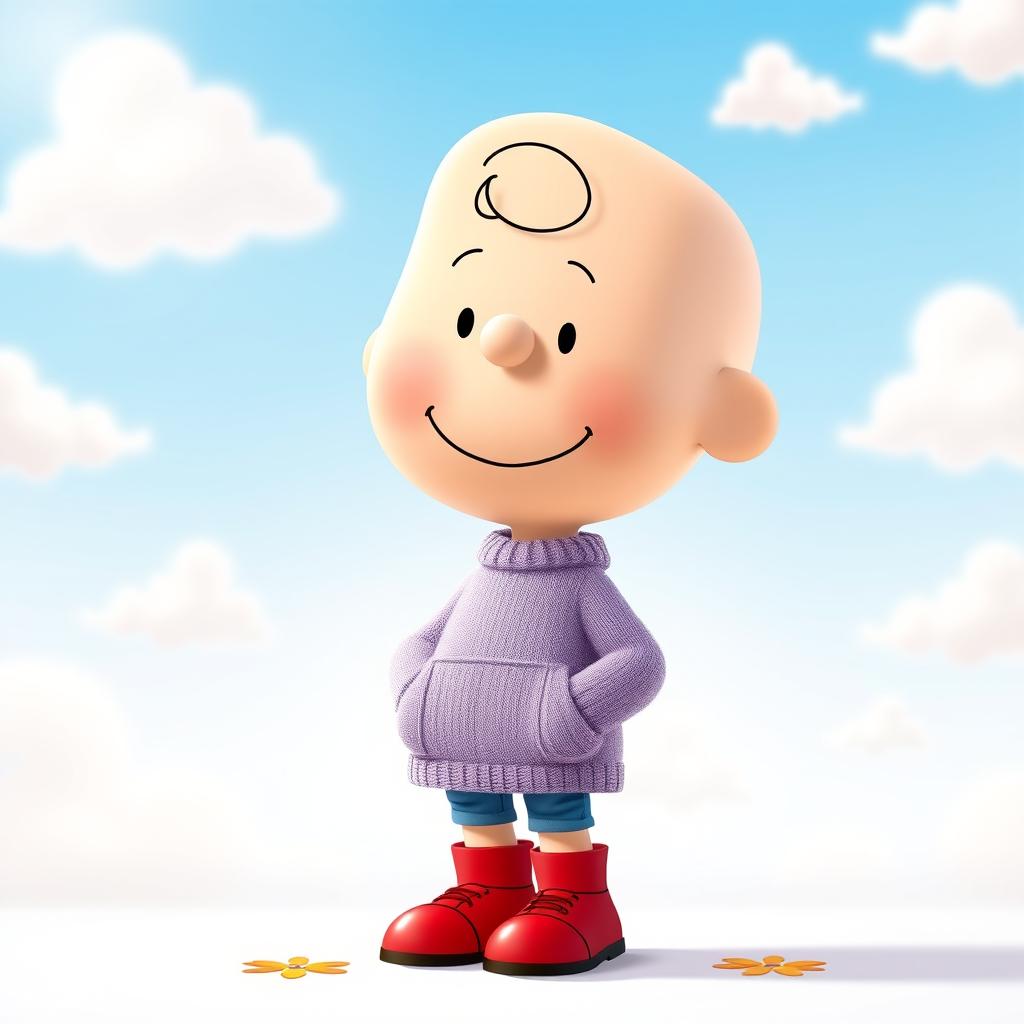 A Peanuts character wearing a light purple sweater, blue jeans, and red shoes, with a relaxed demeanor and a subtle smile on their face