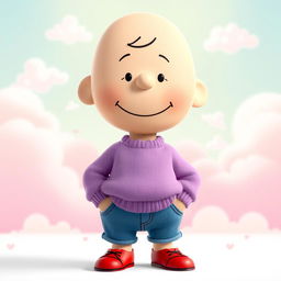 A Peanuts character wearing a light purple sweater, blue jeans, and red shoes, with a relaxed demeanor and a subtle smile on their face
