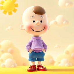 A Peanuts character wearing a light purple sweater, blue jeans, and red shoes, with a relaxed demeanor and a subtle smile on their face