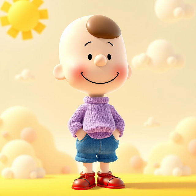 A Peanuts character wearing a light purple sweater, blue jeans, and red shoes, with a relaxed demeanor and a subtle smile on their face