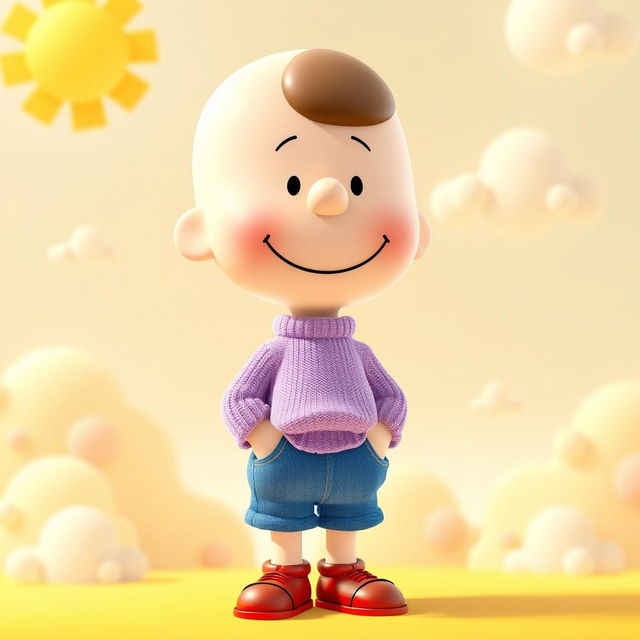 A Peanuts character wearing a light purple sweater, blue jeans, and red shoes, with a relaxed demeanor and a subtle smile on their face