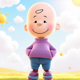 A Peanuts character wearing a light purple sweater, blue jeans, and red shoes, with a relaxed demeanor and a subtle smile on their face