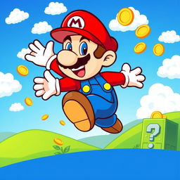 A vibrant and colorful vector illustration of Super Mario, the iconic video game character, in his classic red cap and blue overalls