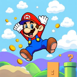 A vibrant and colorful vector illustration of Super Mario, the iconic video game character, in his classic red cap and blue overalls