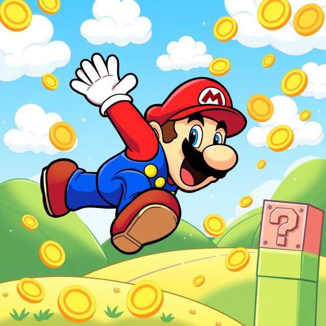 A vibrant and colorful vector illustration of Super Mario, the iconic video game character, in his classic red cap and blue overalls