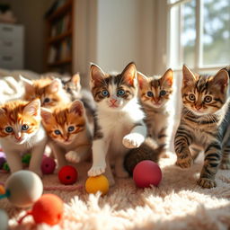 A collection of adorable kittens playing together in a bright, sunny room