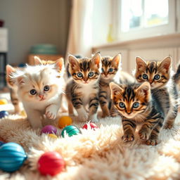 A collection of adorable kittens playing together in a bright, sunny room